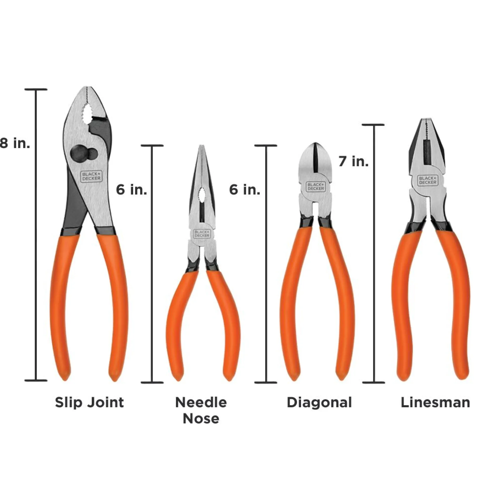 4 Piece Plier Set With Comfort Grips: 8 in, 7 in, Two 6 in.