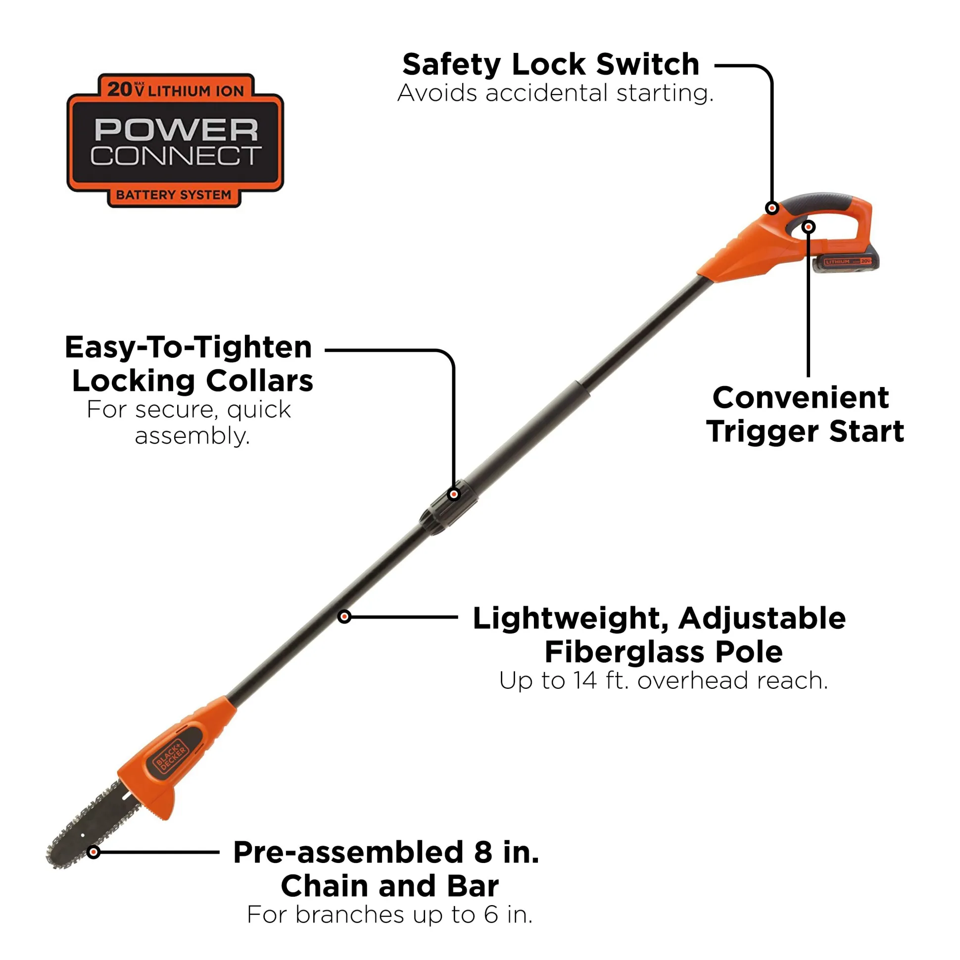 20V MAX* POWERCONNECT™ Cordless 8 Inch Pole Pruning Saw, Battery & Charger Not Included