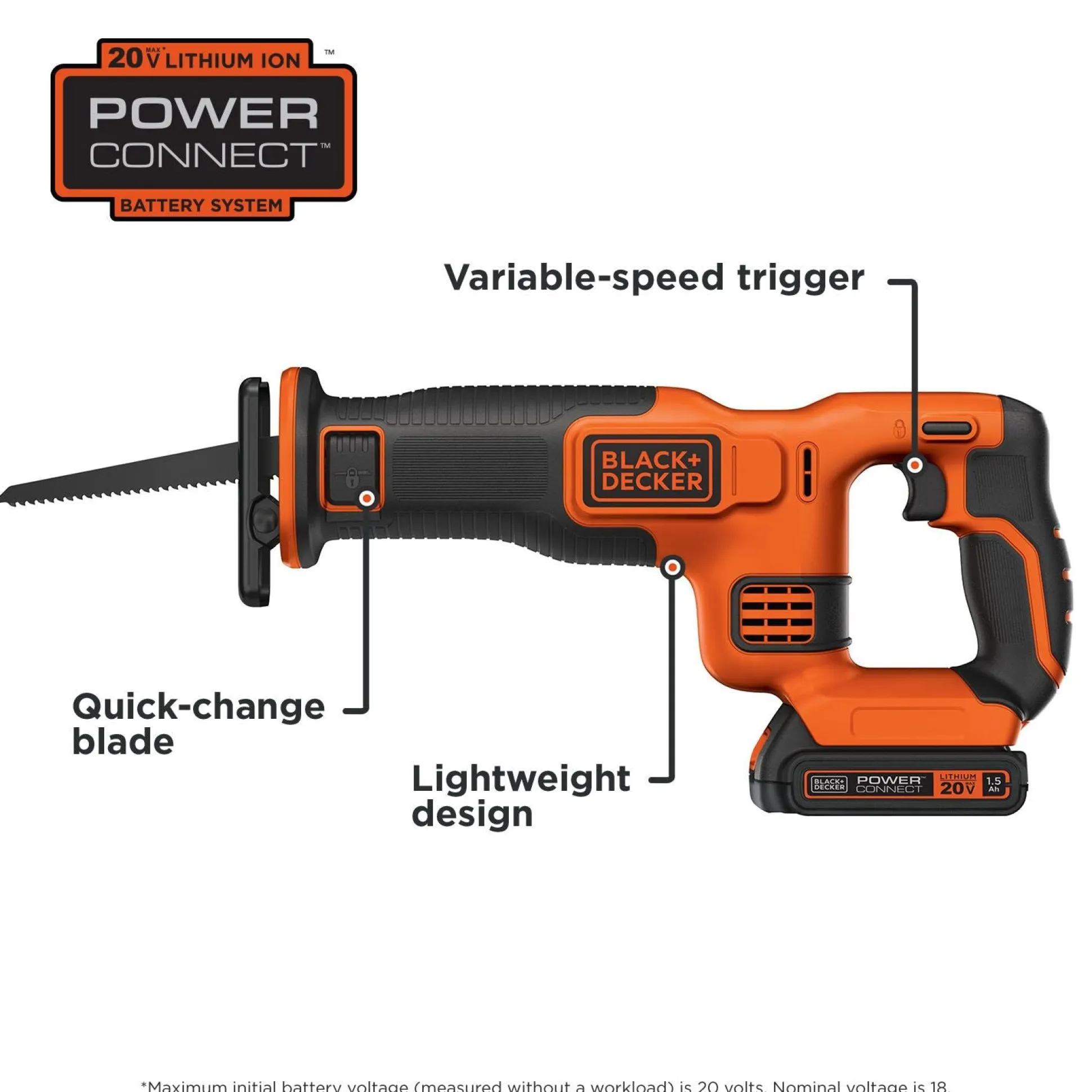 20V MAX* POWERCONNECT™ Cordless Variable Speed Reciprocating Saw, Battery and Charger Included
