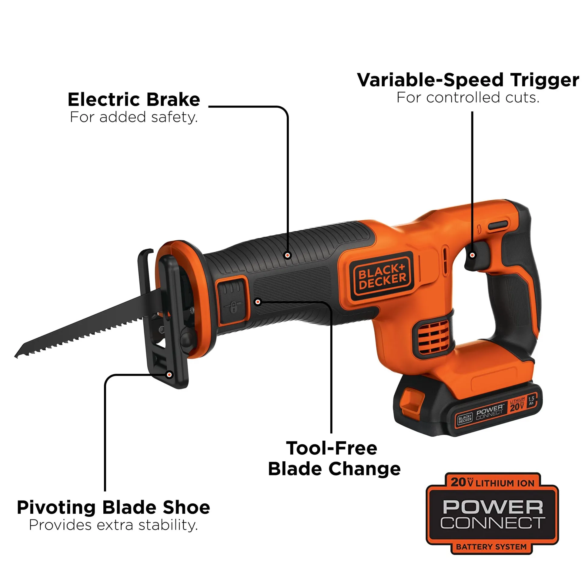 20V MAX* POWERCONNECT™ Cordless Variable Speed Reciprocating Saw, Battery and Charger Included